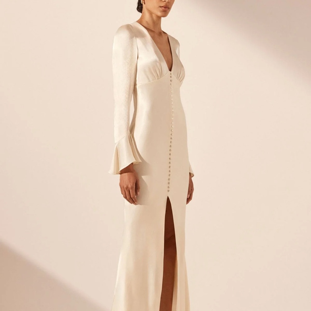 Shona Joy  La Lune Frill Cuff Bias Midi Dress in Cream
